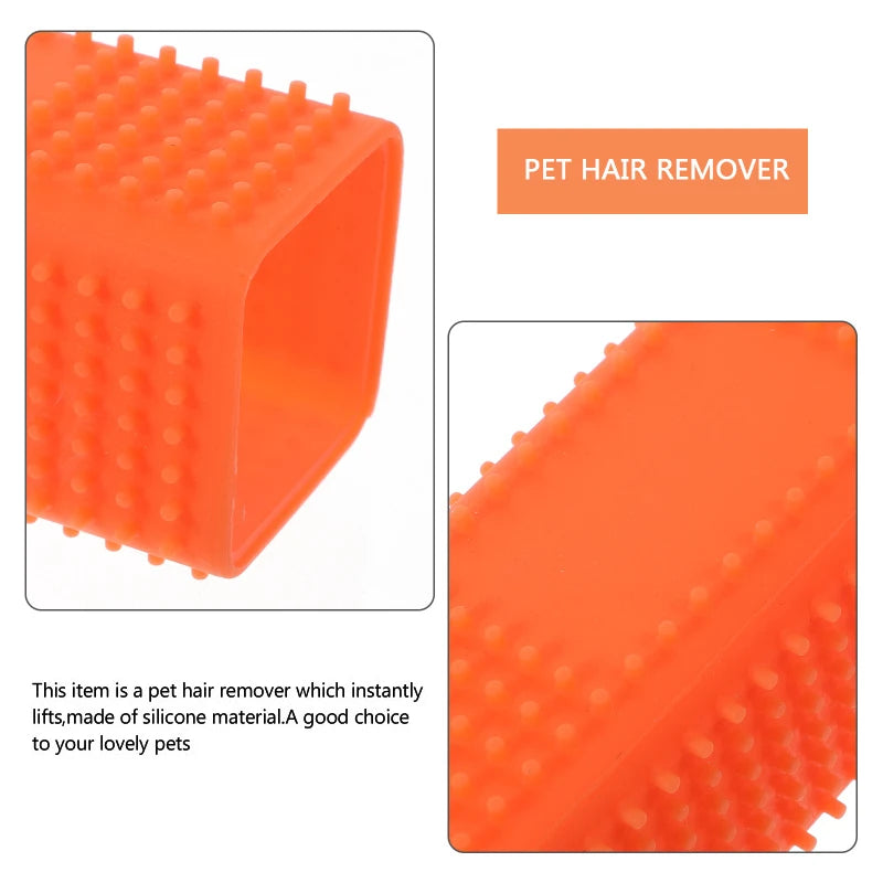 Orange silicone pet hair remover brush used to lift pet hair from animals