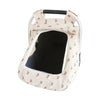 A beige breathable 2-in-1 car seat cover and mosquito net for babies with a clear window.
