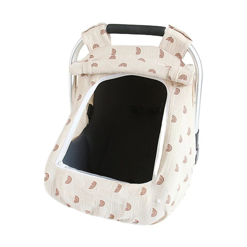 A beige breathable 2-in-1 car seat cover and mosquito net for babies with a clear window.