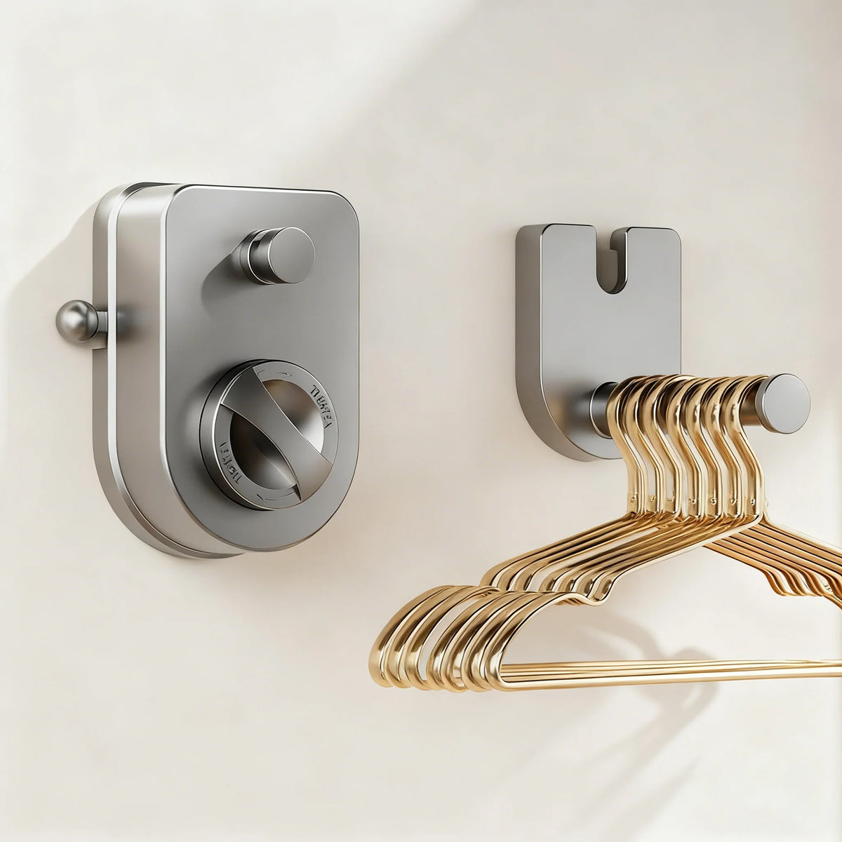 A silver retractable clothesline with a gold-colored hanging mechanism mounted on a wall.