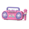 A pink kids karaoke machine with a light effect feature and an attached microphone.