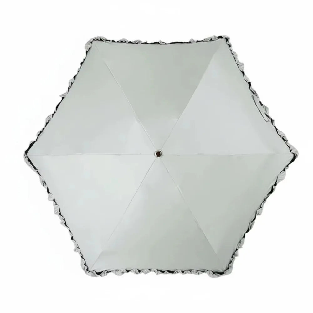 A white portable five-fold lace umbrella with a geometric pattern and UV protection.