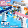 A white and pink manual repeat firing pistol is shown in an outdoor water context.