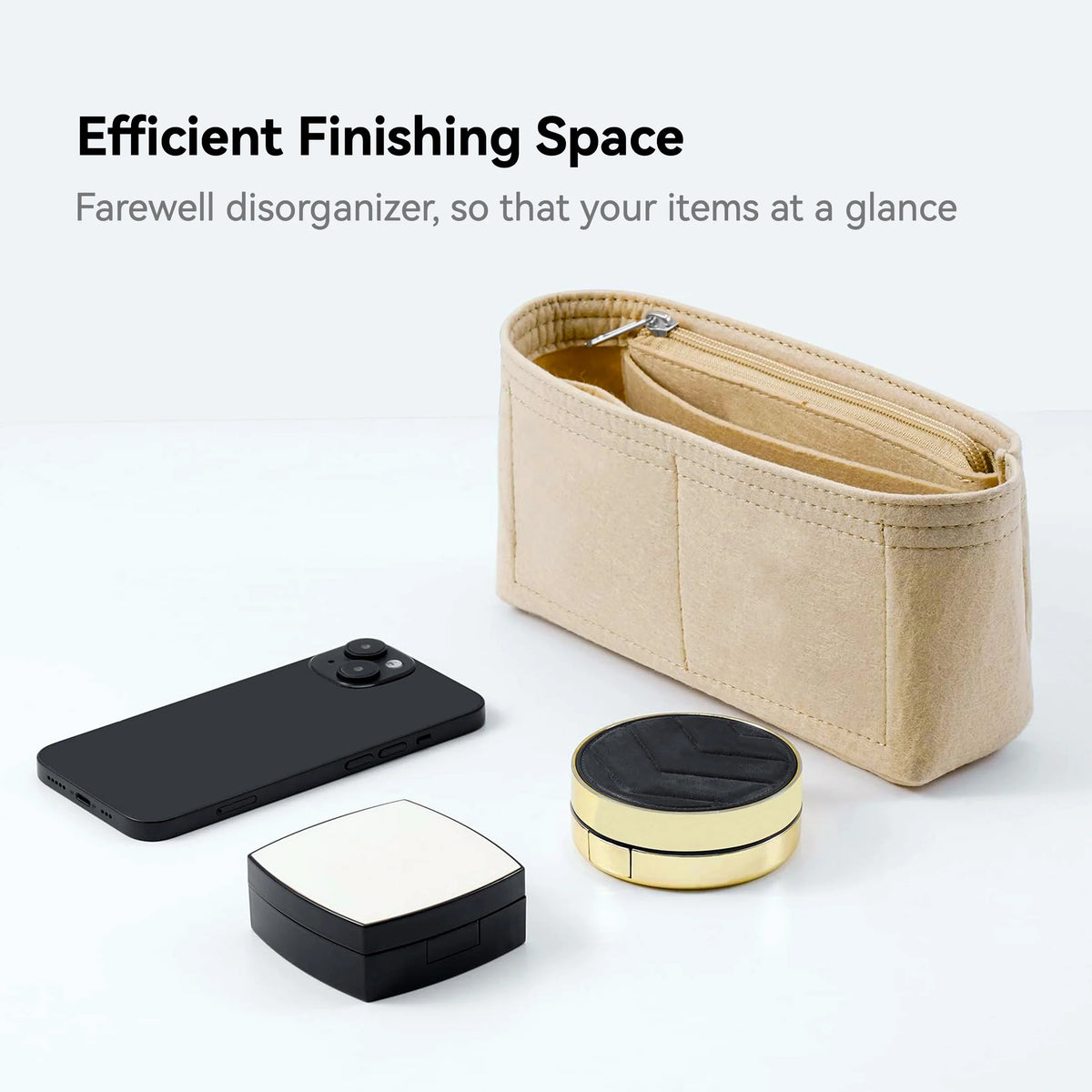 A beige felt purse organizer insert with a zipper is shown next to a black and gold round accessory.