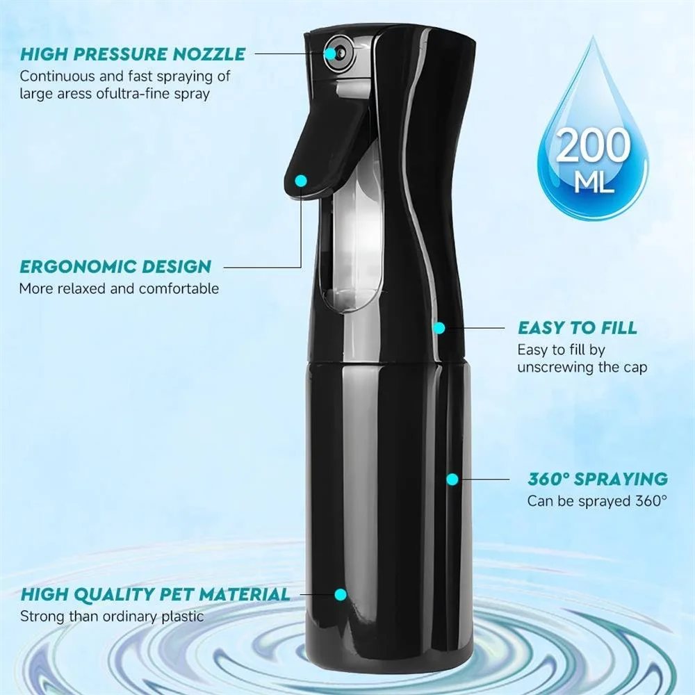 A black mist spray bottle with an ergonomic design and a high-pressure nozzle, shown against a light blue background.