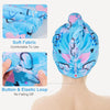 A bright blue microfiber hair drying towel wrap is shown being worn on a person's head.