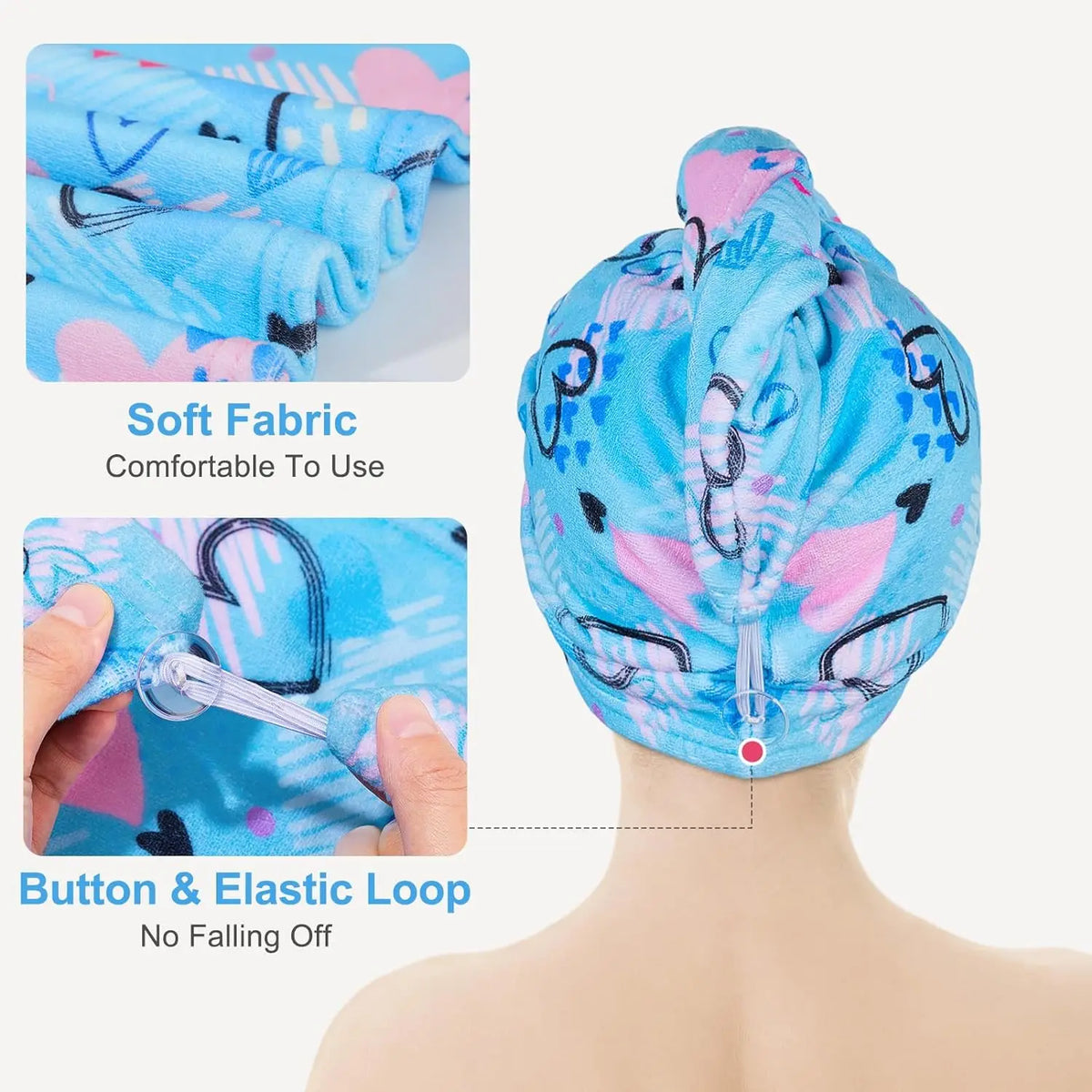 A bright blue microfiber hair drying towel wrap is shown being worn on a person's head.