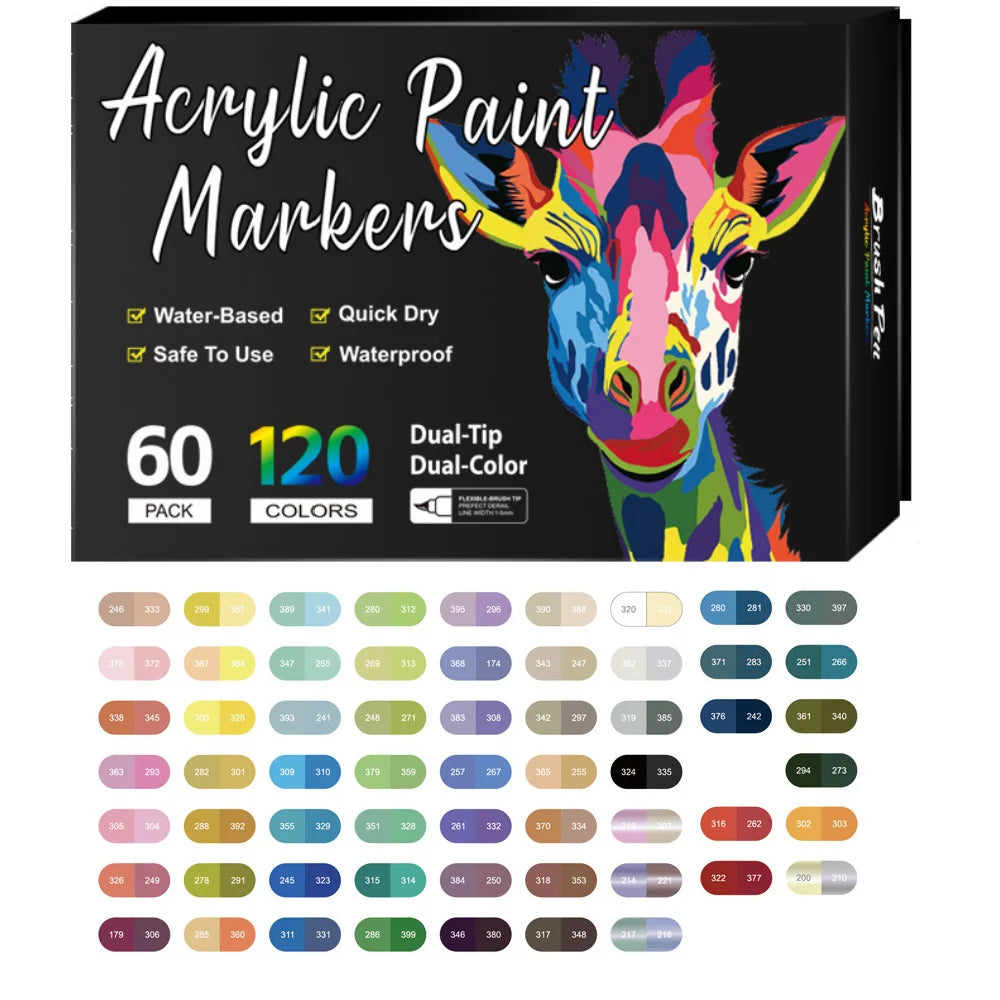 Schachtel mit 60 doppelspitzigen Acrylmalstiften in verschiedenen Farben und Pinselspitzen