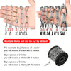 A set of stainless steel chains of various lengths and links are shown being held by a hand, alongside a coil of chain.