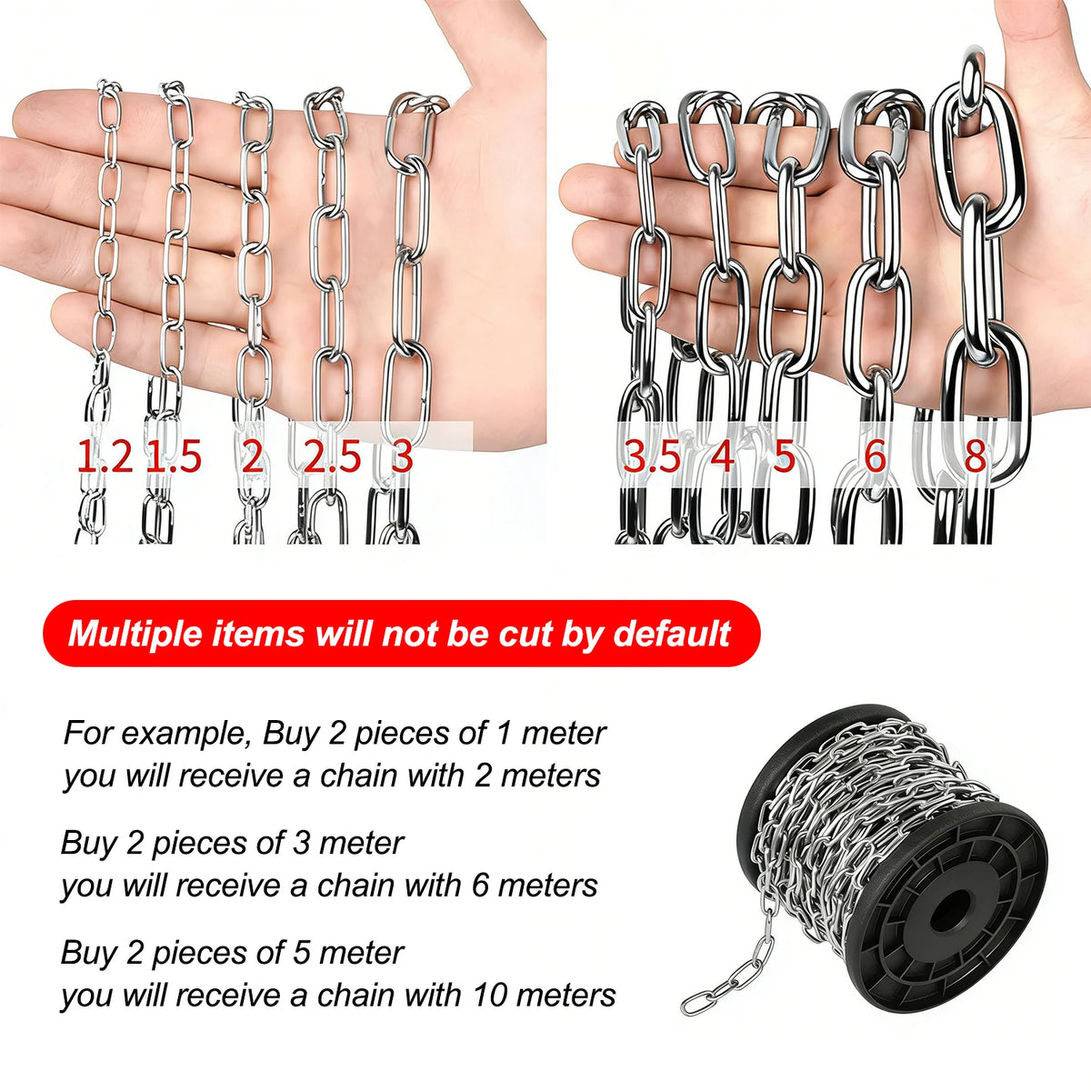 A set of stainless steel chains of various lengths and links are shown being held by a hand, alongside a coil of chain.