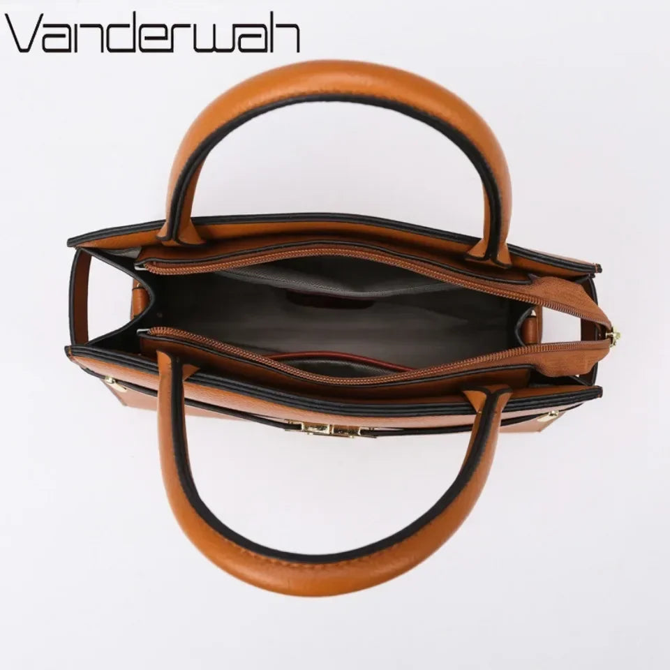 A brown leather handbag with a matching coin purse shown from above.