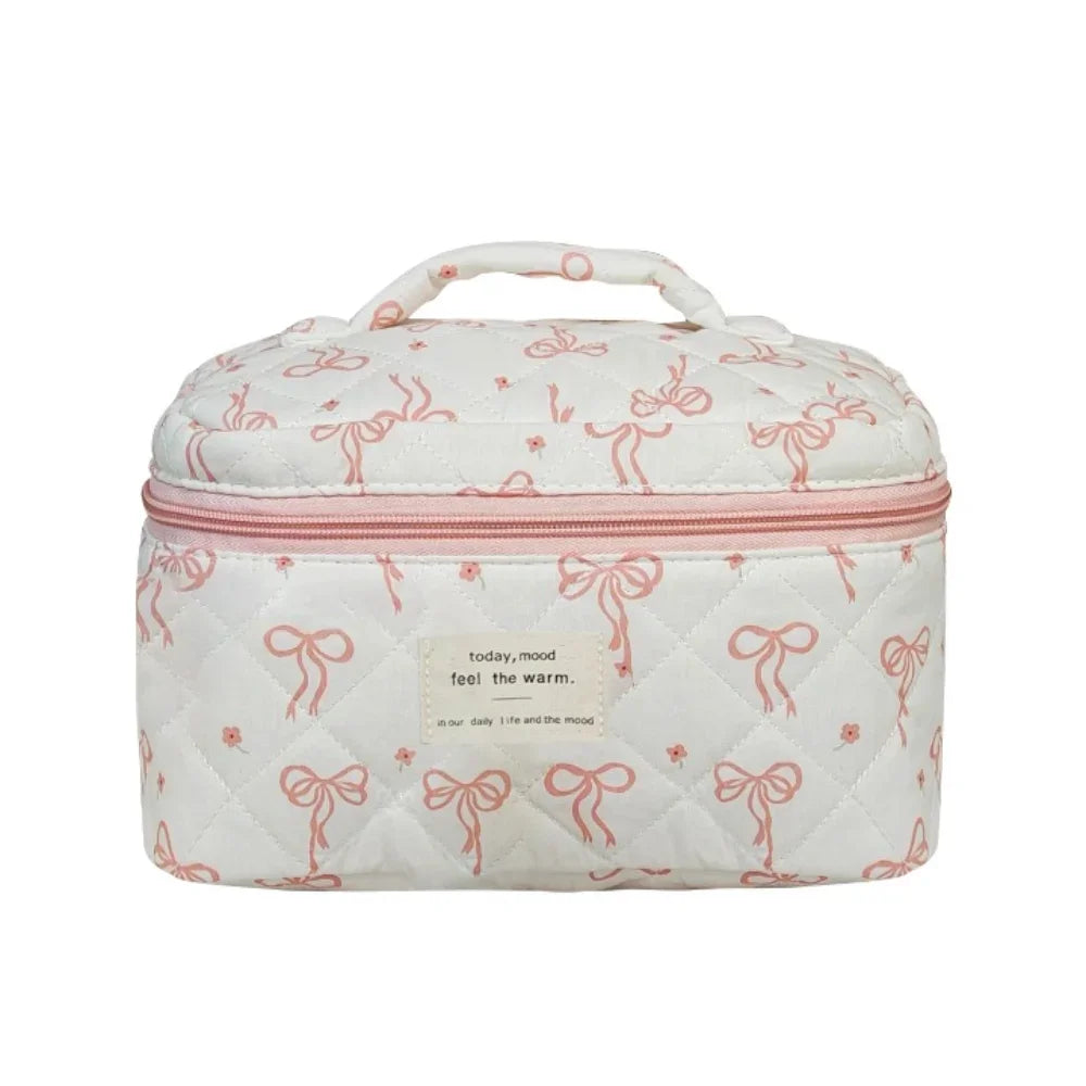 Pink Bow Plaid Quilted Cosmetic Bag with Multiple Compartments