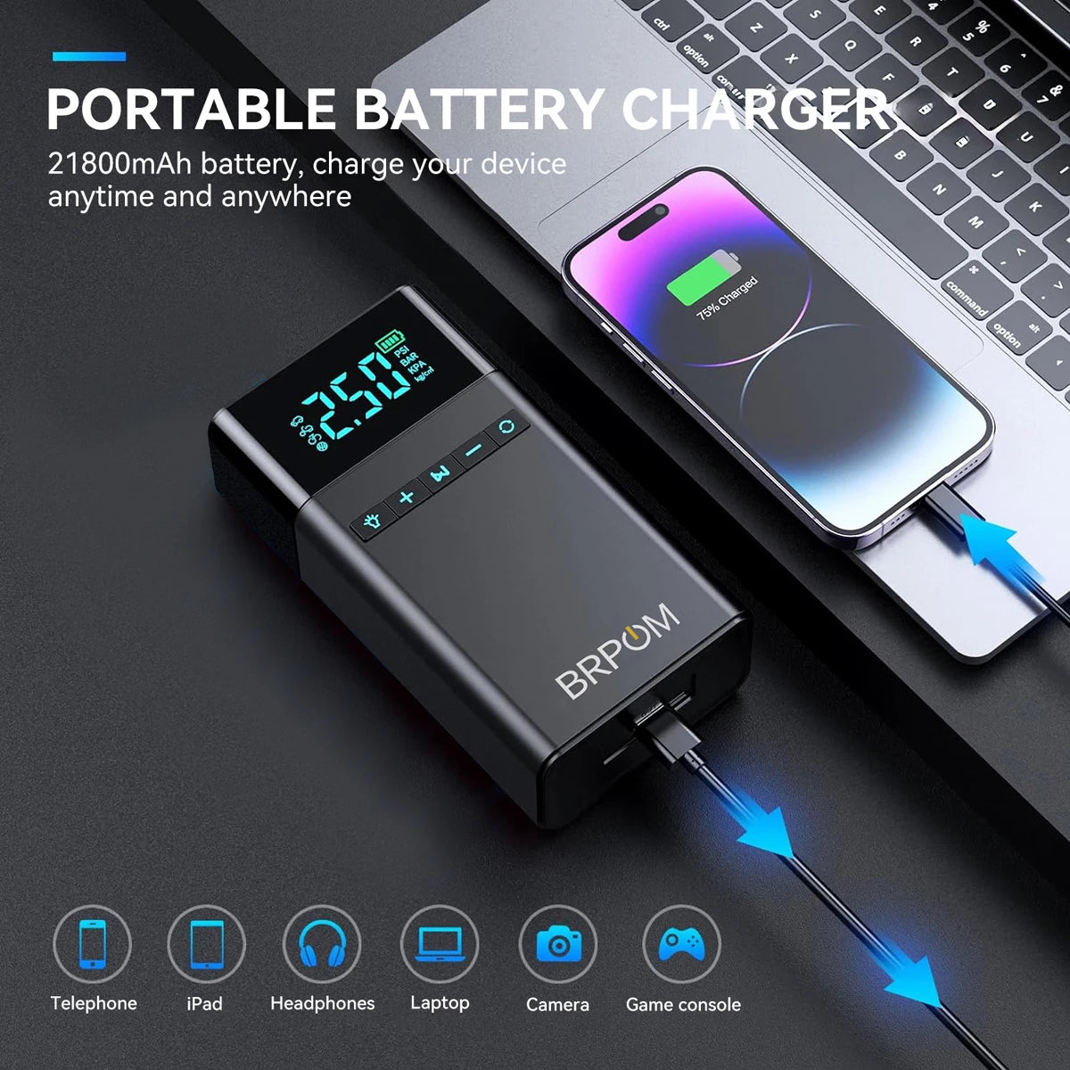 A portable battery charger device is shown next to a laptop and smartphone, demonstrating its use for charging various electr