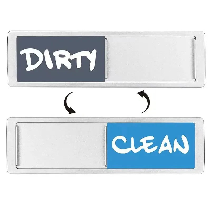 A pair of magnetic signs labeled DIRTY in gray and CLEAN in blue for use on dishwashers or refrigerators.