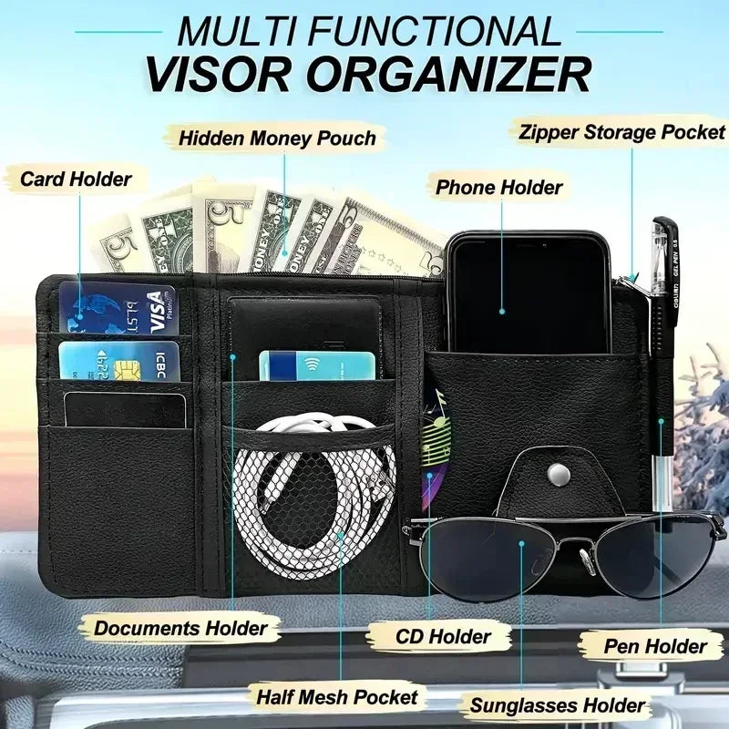 A black multi functional visor organizer showing various storage pockets for cards, money, phones, documents, CDs, pens, and 