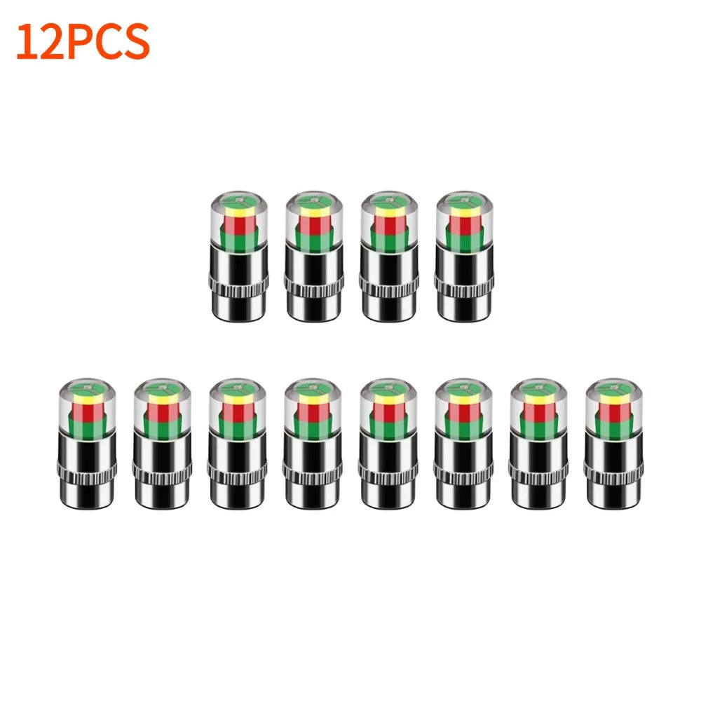 A set of 12 color-coded tire pressure indicator valve caps in various colors.