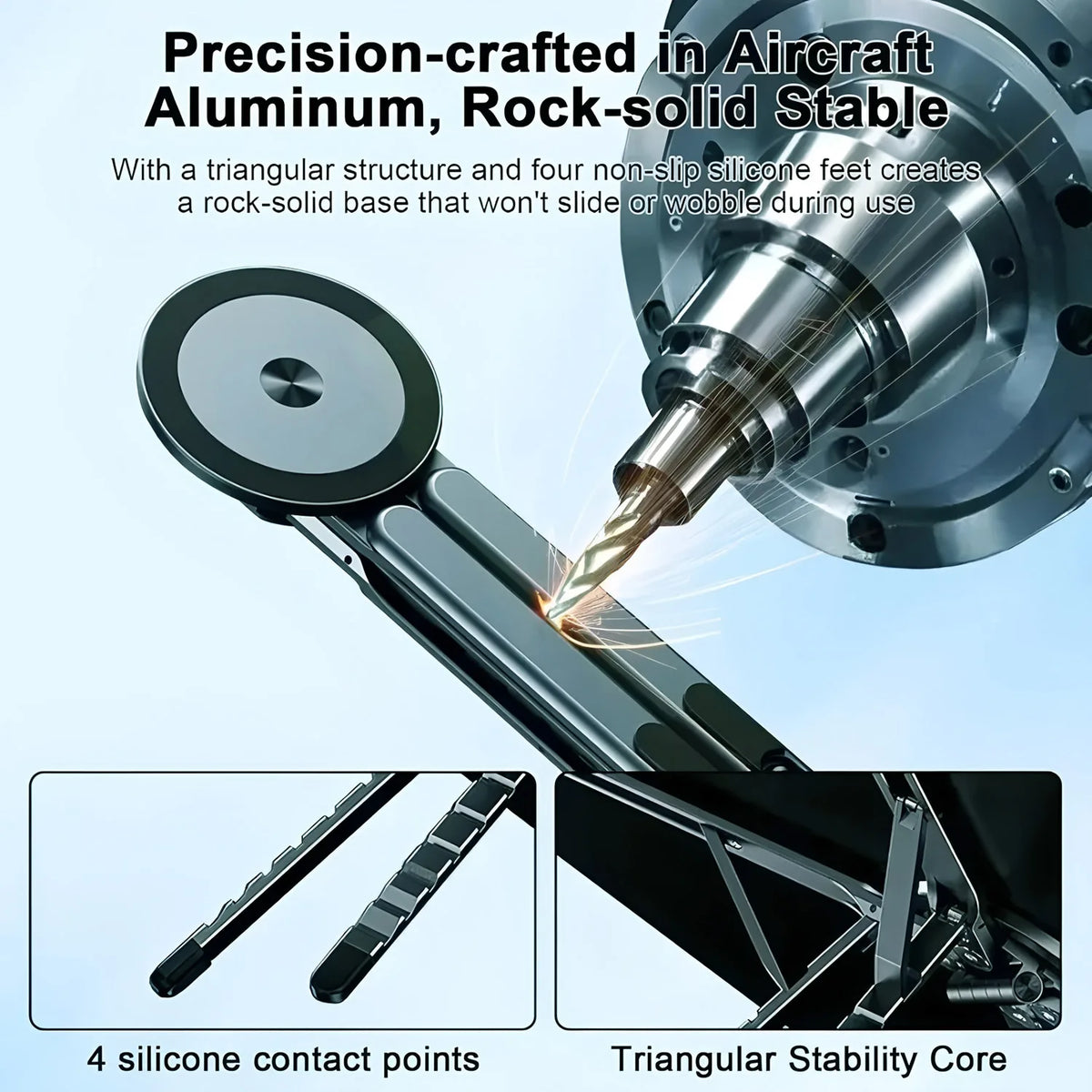 Close-up view of a precision-crafted aluminum phone holder featuring silicone feet and a triangular stability core.