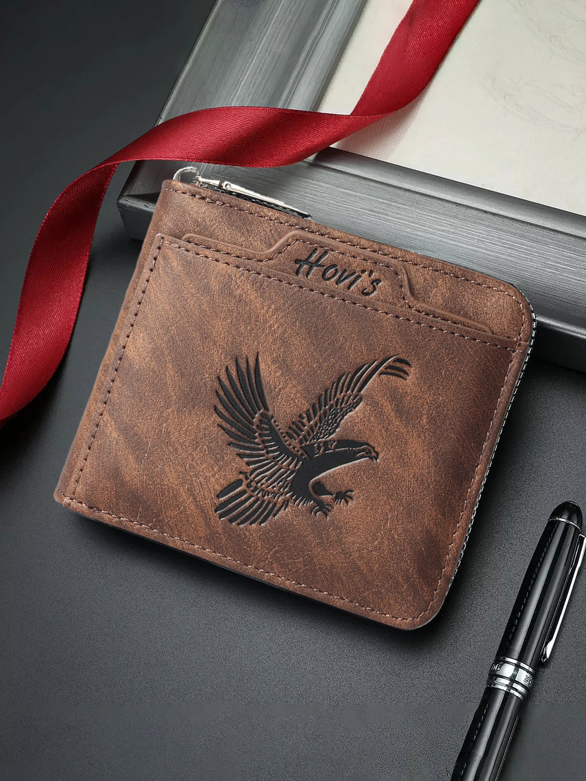 HOVIS Men's Slim Leather Wallet with Eagle Emboss and Zip Closure