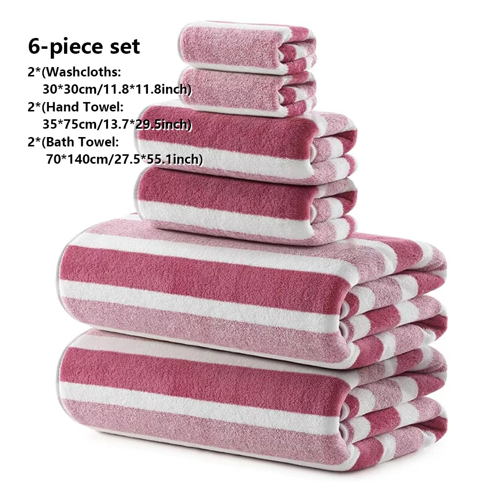 A six-piece set of pink and white striped bath towels including washcloths and bath towels