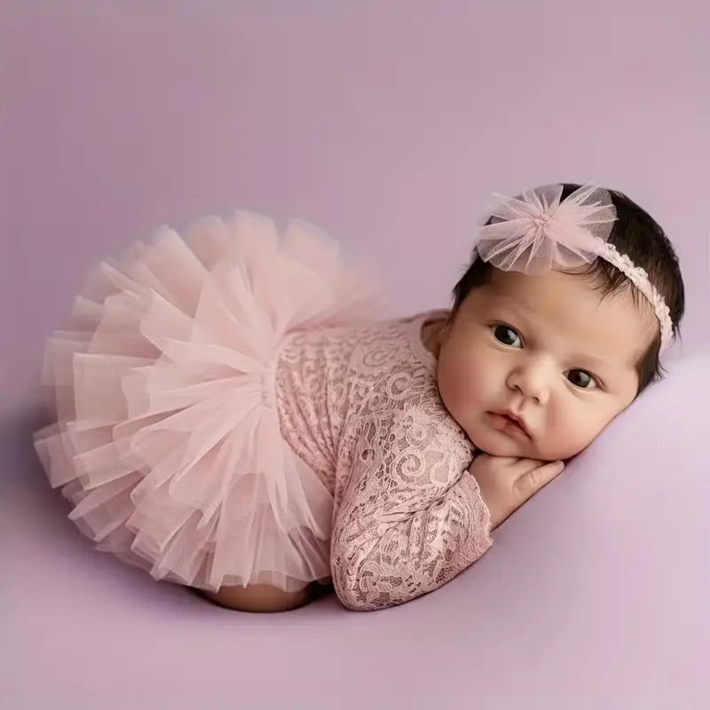 Newborn Knitted Lace Bodysuit Set with Puff Sleeves and Headband