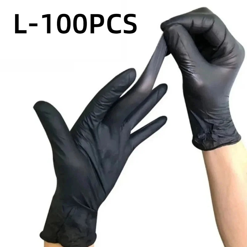 A hand wearing a black disposable nitrile glove is shown, with another gloved hand touching it.