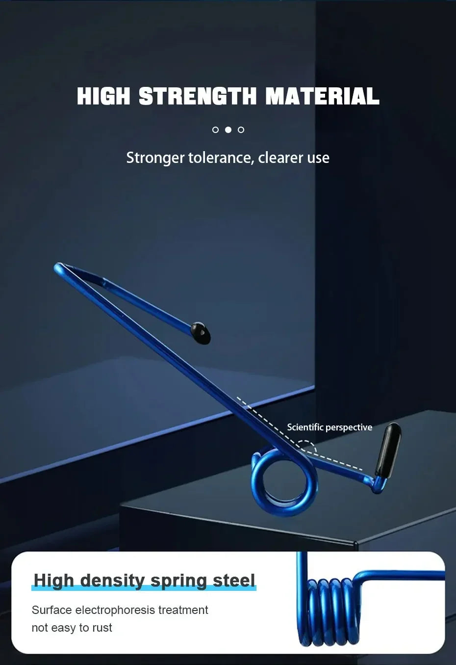A blue universal wiper booster spring is shown in a scientific perspective, highlighting its high-density spring steel constr