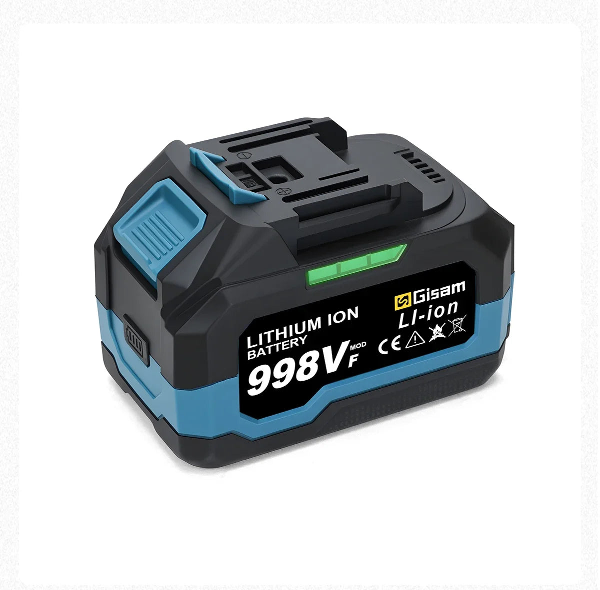 A black and blue lithium-ion battery pack labeled 998V F from Gisam for cordless power tools.
