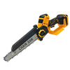 An orange and black cordless 8-inch brushless electric chainsaw with a yellow grip and chain visible.
