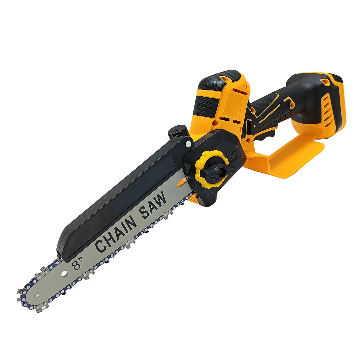 An orange and black cordless 8-inch brushless electric chainsaw with a yellow grip and chain visible.