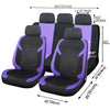 A set of black and purple universal honeycomb mesh car seat covers shown in various angles.