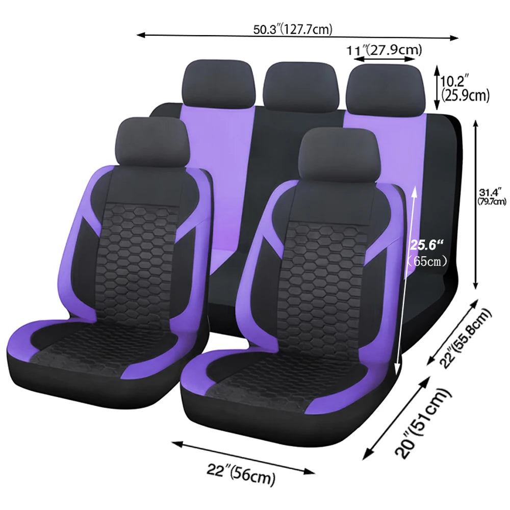 A set of black and purple universal honeycomb mesh car seat covers shown in various angles.