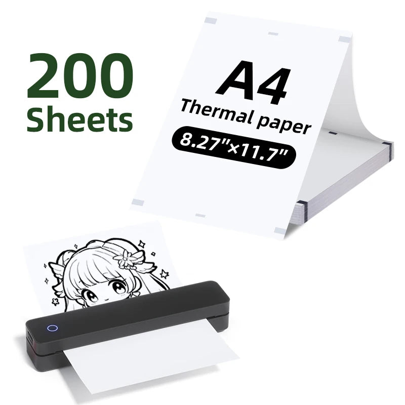A stack of A4 thermal paper sheets and a portable printer are shown.