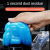 A hand is squeezing a thick blue cleaning gel product, demonstrating its ability to remove moisture and leave less residue.
