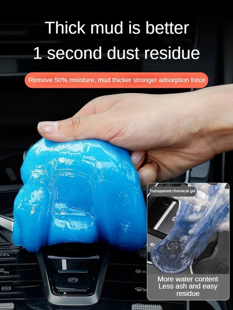A hand is squeezing a thick blue cleaning gel product, demonstrating its ability to remove moisture and leave less residue.