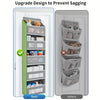 A comparison showing an upgraded design for a 5-shelf hanging storage organizer, preventing sagging.