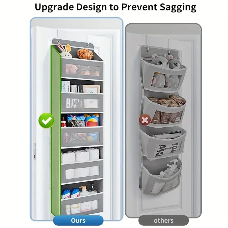 A comparison showing an upgraded design for a 5-shelf hanging storage organizer, preventing sagging.