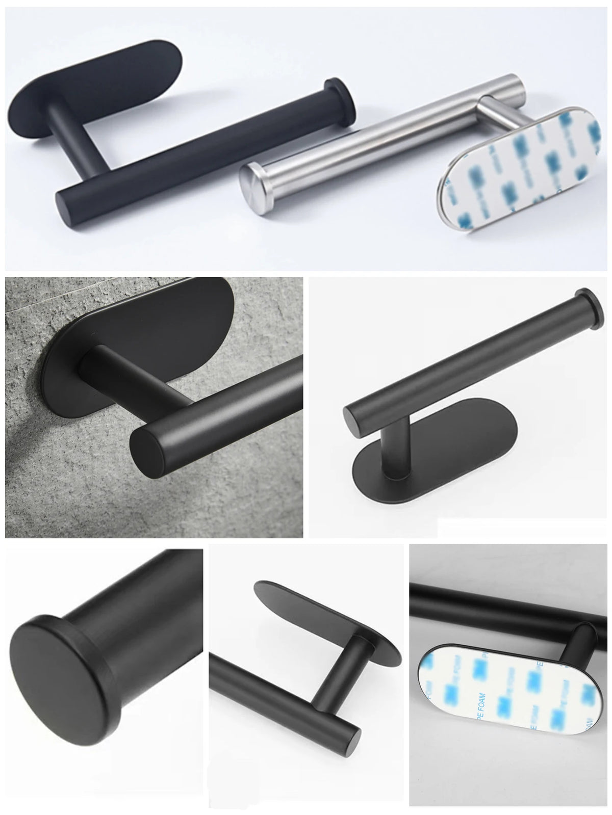 Two adhesive stainless steel toilet paper racks in black and silver finish shown from various angles.