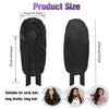 Black satin sleep bonnet shown with size dimensions and usage examples for curly hair and long braids.