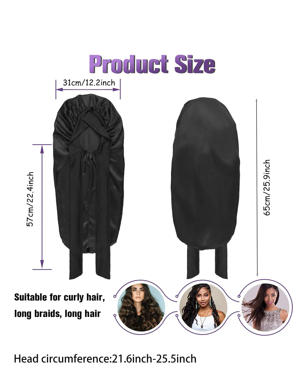 Black satin sleep bonnet shown with size dimensions and usage examples for curly hair and long braids.