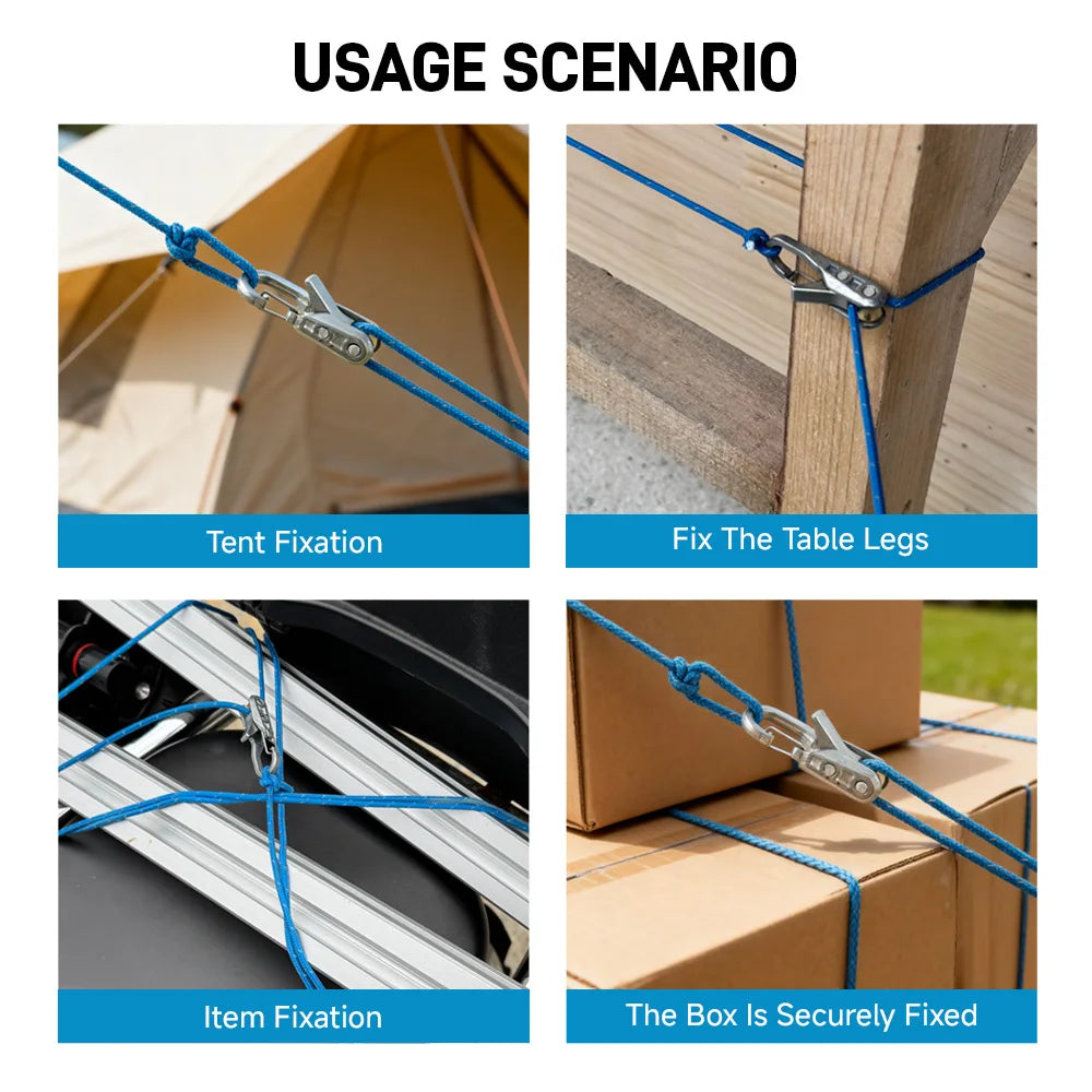 Demonstration images showing the usage scenarios of a heavy-duty rope tensioner kit with locking clips for tent, table legs, 