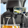 A black car seat phone holder with a mounted smartphone and an organizer hook visible in the back seat.