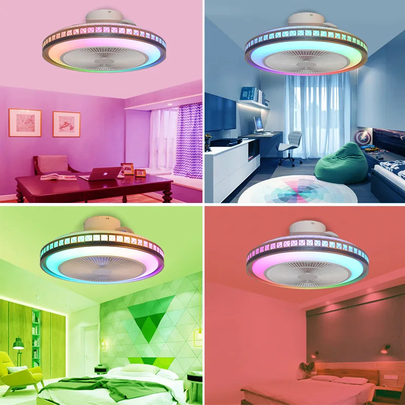 Lustre de plafonnier avec ventilateur LED décoratif et haut-parleur Bluetooth