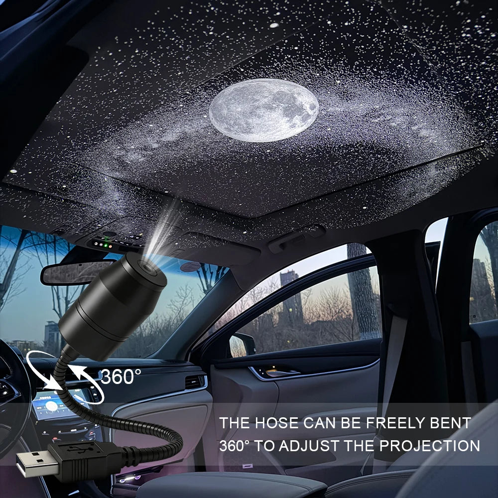 A USB starry night car ceiling projector is shown projecting a star pattern onto the interior of a car