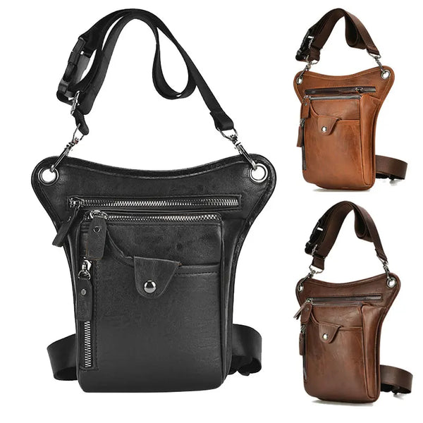 Sac bandoulière vintage en cuir PU noir, vu sous plusieurs angles.