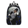 A black backpack featuring a portrait of a musical icon in a dark, moody setting.