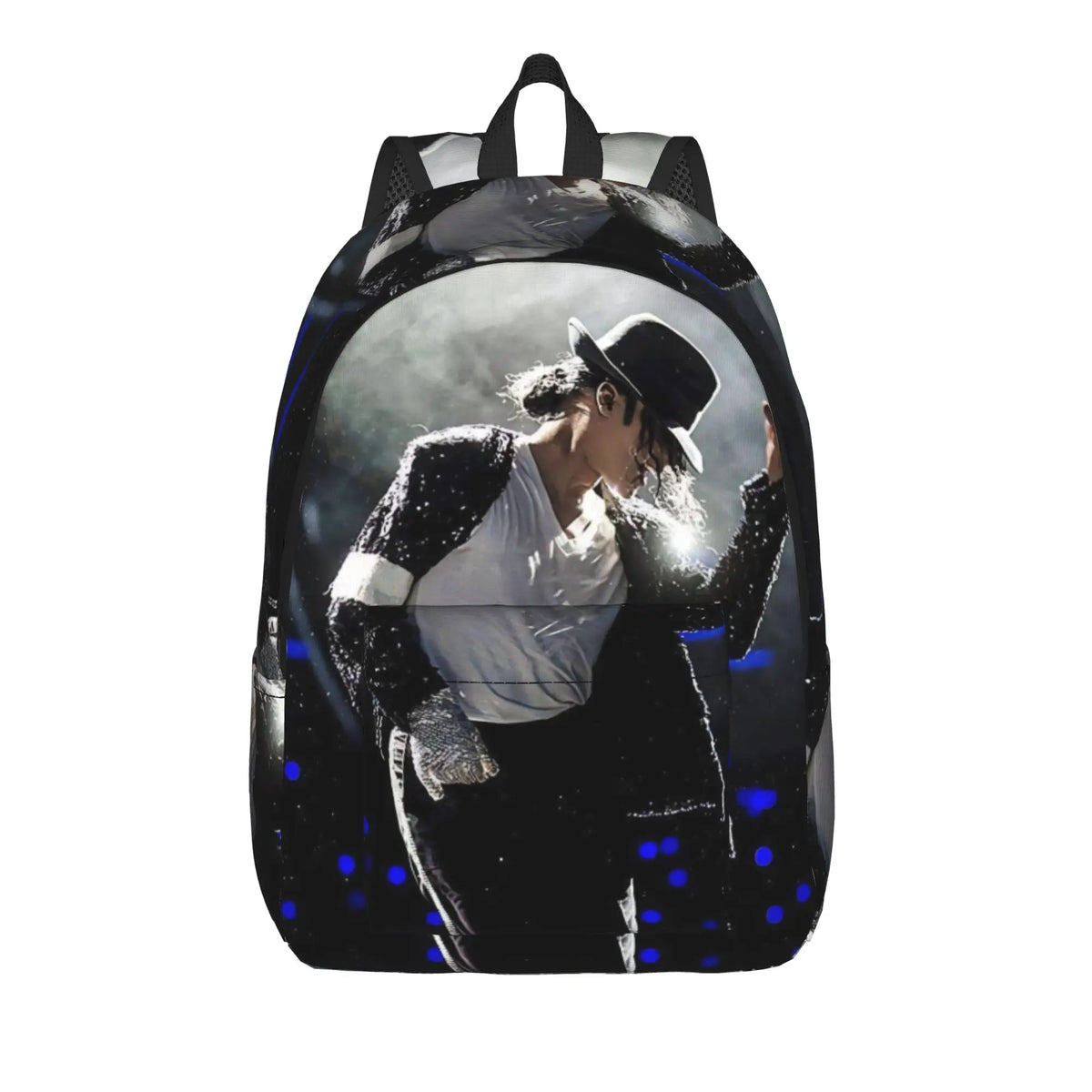 A black backpack featuring a portrait of a musical icon in a dark, moody setting.