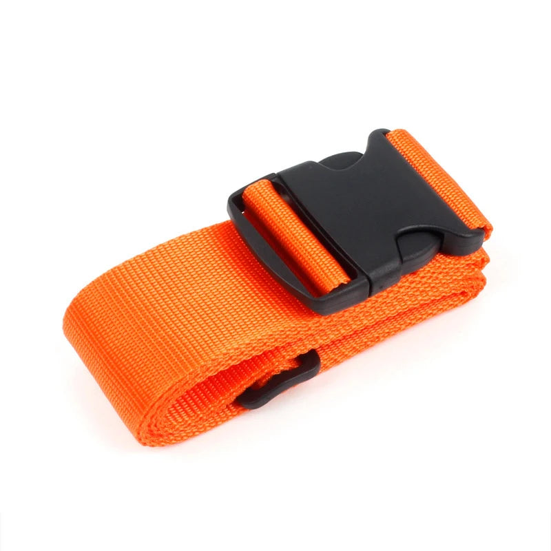 Orange adjustable polyester luggage strap with a black buckle for suitcase security