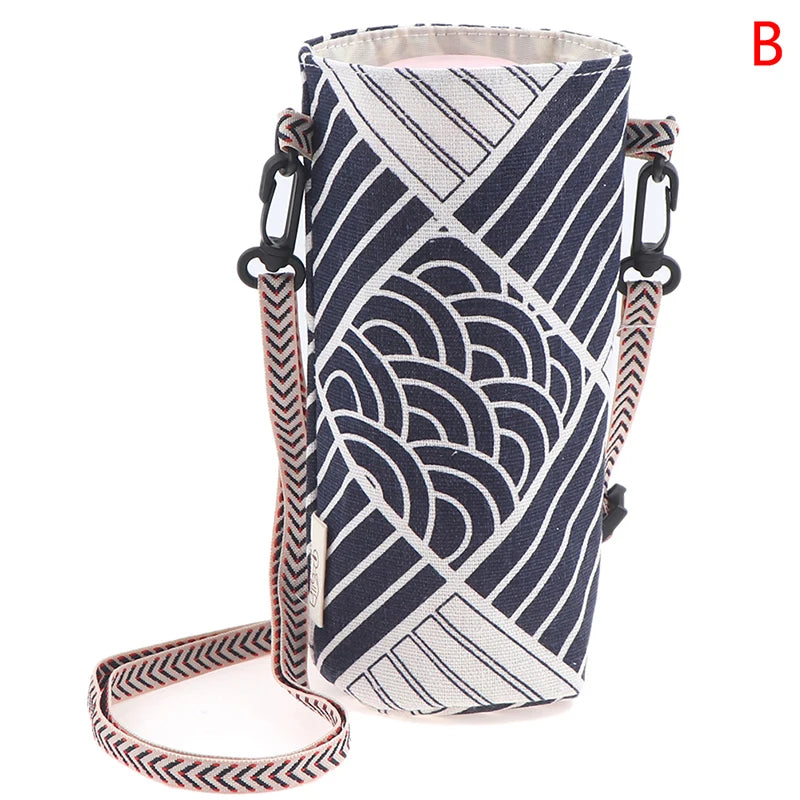 A navy and beige striped canvas water bottle crossbody bag with a woven strap.