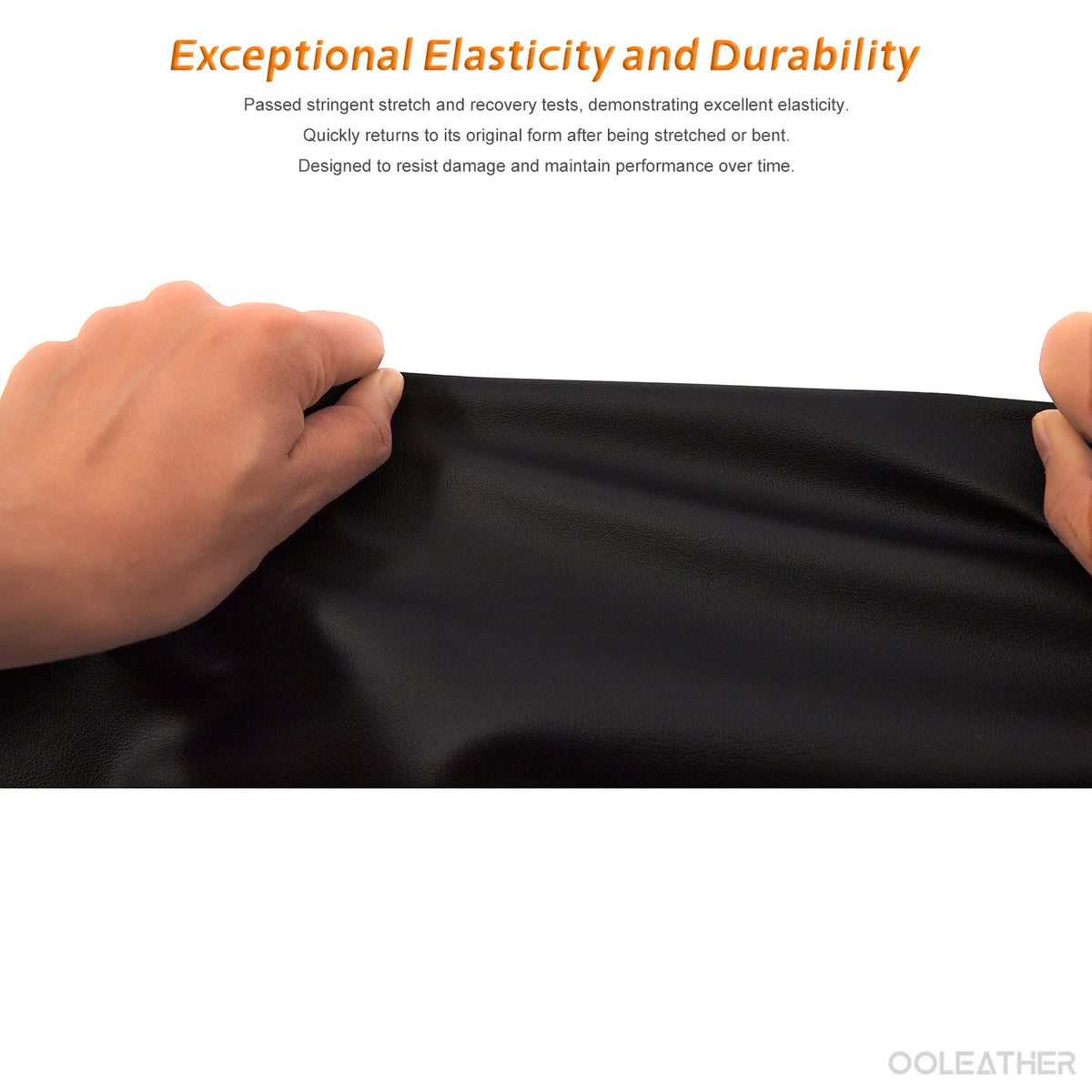 A hand is stretching a sheet of black faux leather material to demonstrate its elasticity and durability.