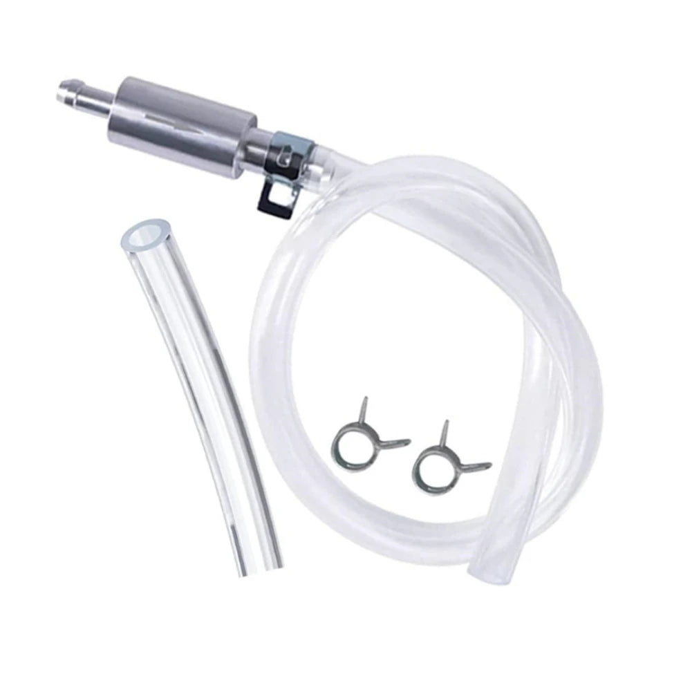 A motorcycle brake bleeder kit with a metal fitting and clear tubing featuring one-way check valves.
